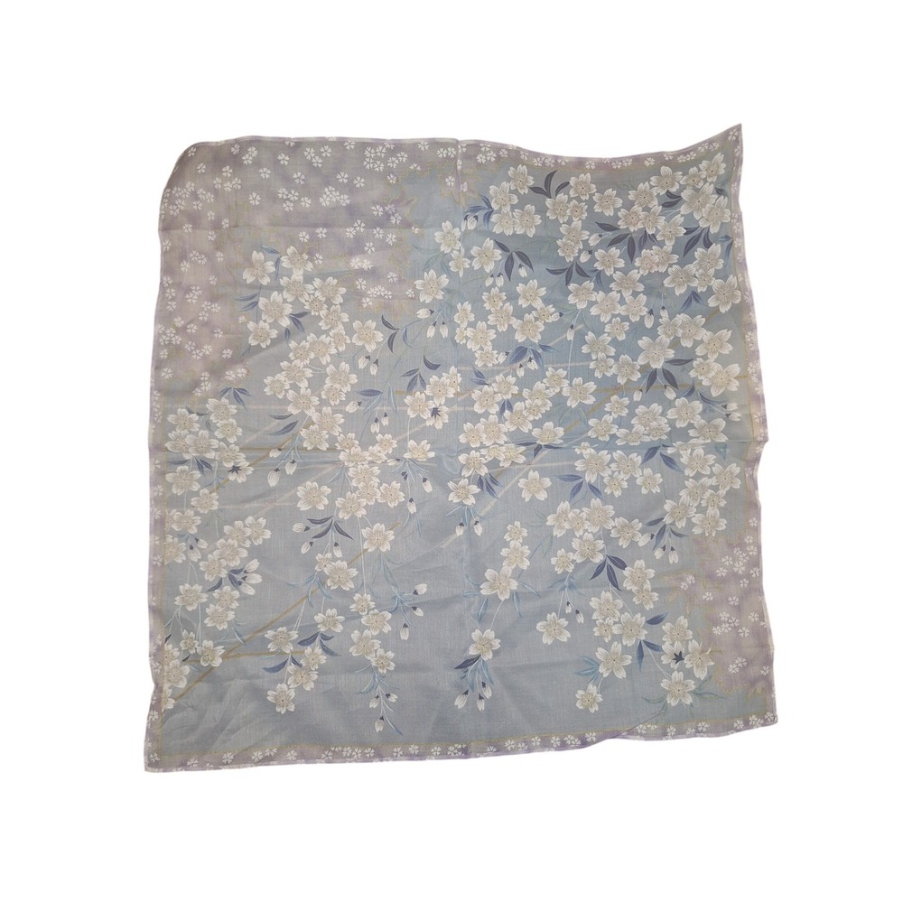 Floral Cherry Blossom Square Scarf Blue Lavender Sheer Lightweight Neckerchief - Picture 1 of 3